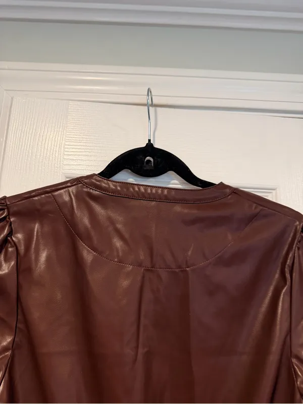 NWT Vigoss Size S Brown Faux Leather Mini Dress Puff Sleeve Smocked Waist V Neck - Image 11