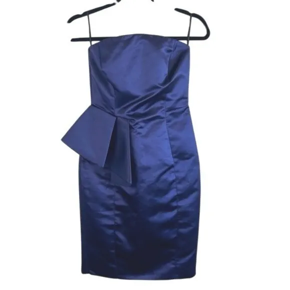 Zara Basic Strapless Navy Satin Peplum Cocktail Dress Size S - Image 2