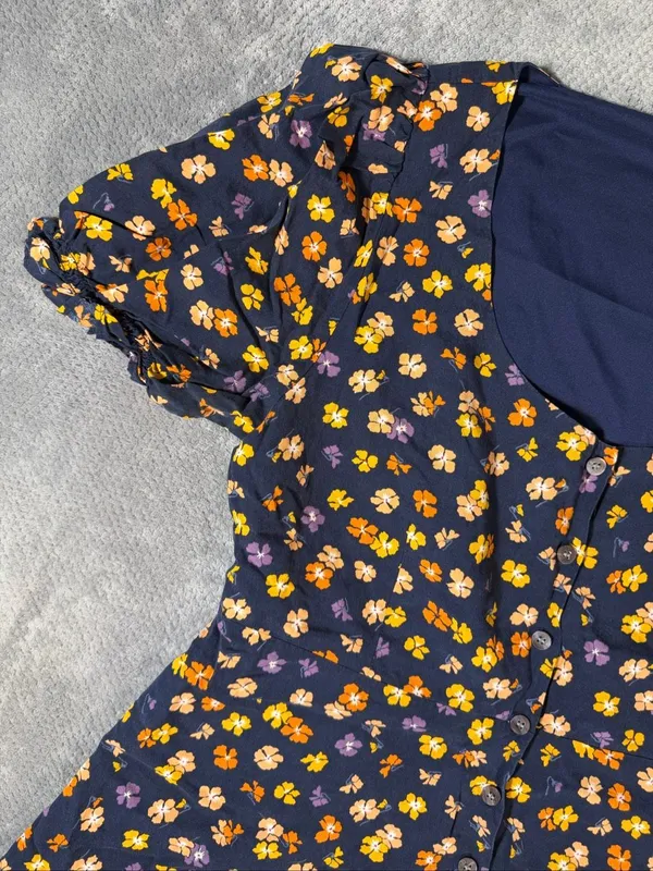 Madewell Sz 14 Navy Floral Button Front Puff Sleeve Mini Dress Cottagecore Boho - Image 3