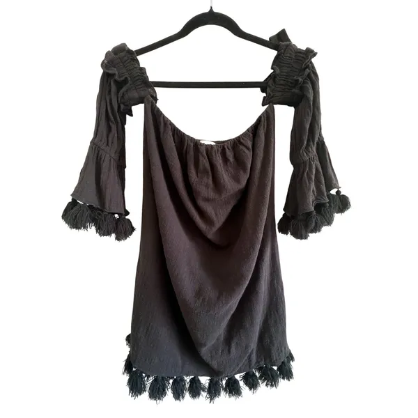 MISA Los Angeles Black Off Shoulder Tassel Mini Dress Boho Festival S - Image 3