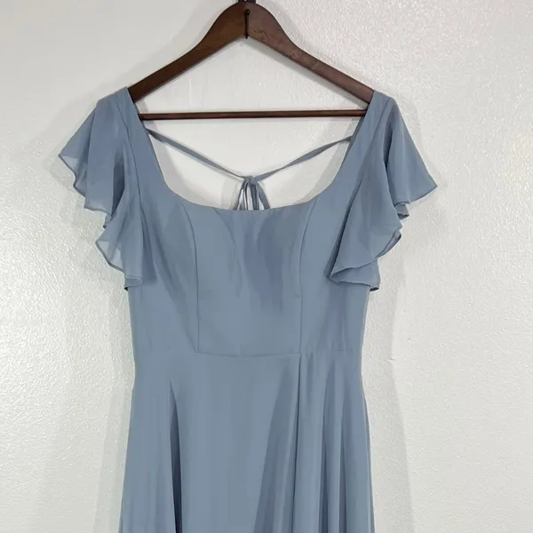 Azazie Womens A6 Dusty Blue Chiffon Flutter Sleeve Floor Length Bridesmaid Dress - Image 5