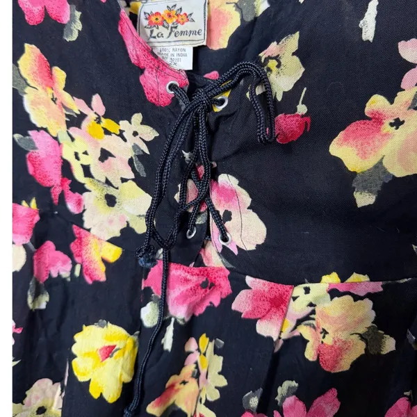La Femme‎ Vintage Floral Rayon Lace Up Maxi Dress Black Pink Plus Size 2X - Image 3