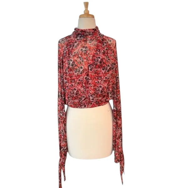 Free People All Dolled Up Top Red Combo Open Back Sheer Tie Cuffs Size Medium - Image 3