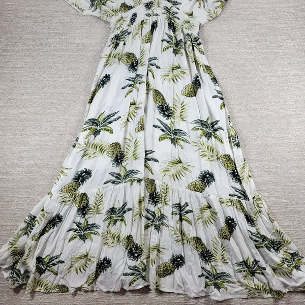 Blue Island Tropical Maxi Dress Sz L Pineapple Palm Print Rayon Tiered Open Back - Image 16