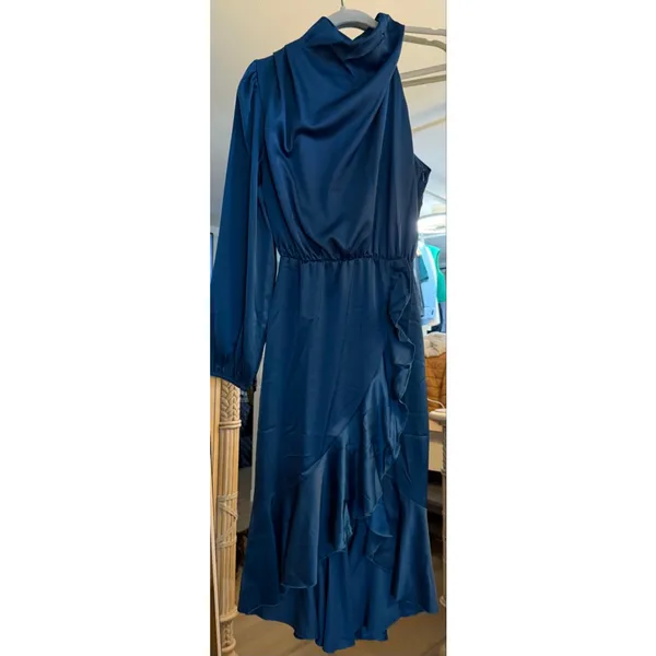 NEW Satin Formal 1 Shoulder Mock Neck Long Sleeve Bodycon Mermaid Midi S - Image 2