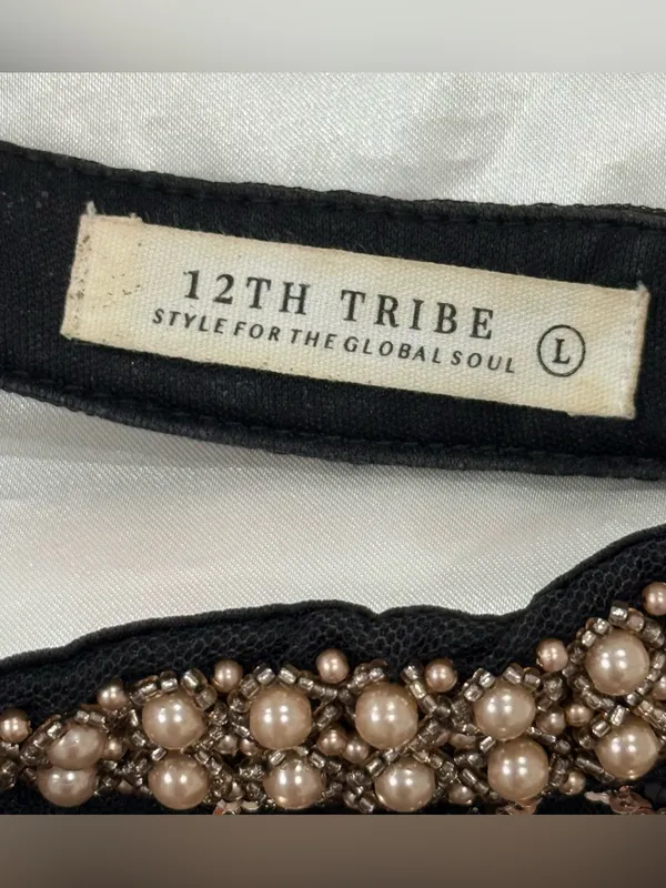12th Tribe Like Gold Dust Fringe Mini Dress Large Black Sequin Festival Western - Image 10