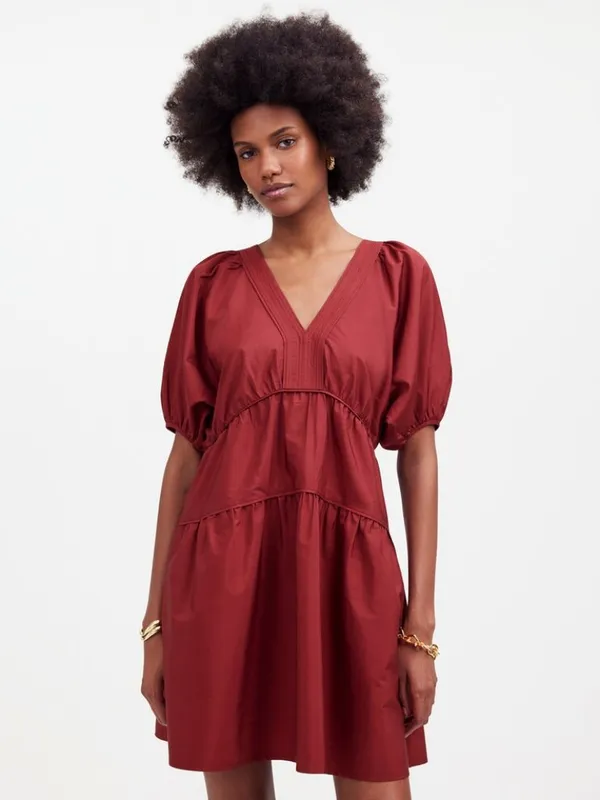 NWT Madewell Size Small Burgundy Puff-Sleeve Tiered Mini Dress in Poplin NEW - Image 6