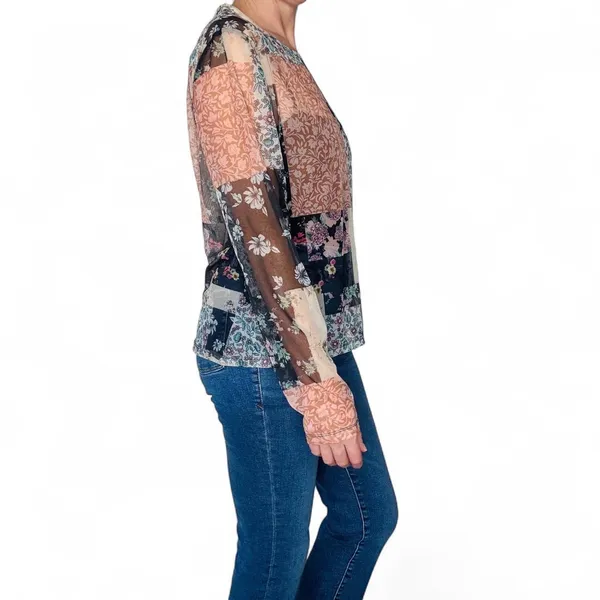 Colorful Floral Patchwork Boho Sheer Long Sleeve Shirt - Image 5