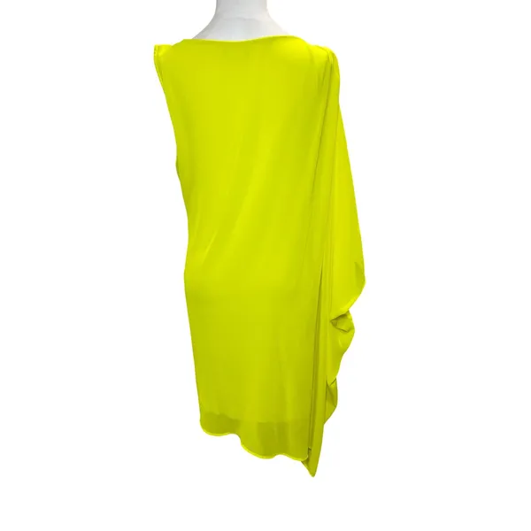 Bebe Neon Yellow Draped Bodycon Shift Dress Large Sleeveless Asymmetric Hem‎ - Image 4