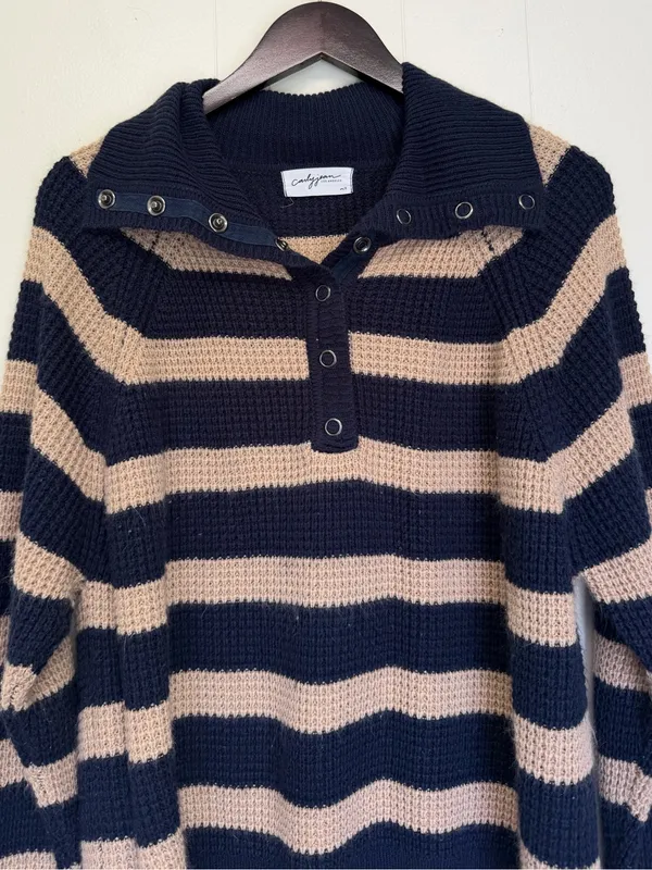CARLY JEAN Los Angeles Blue Tan Stripe Collar Button Sweater Medium/Large - Image 2