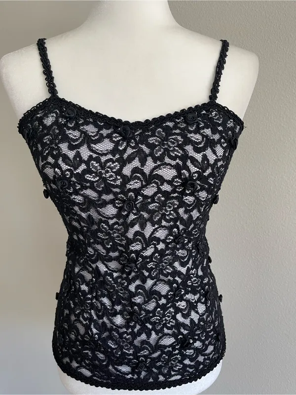 Black Floral Lace Camisole with Braided Straps - Image 2
