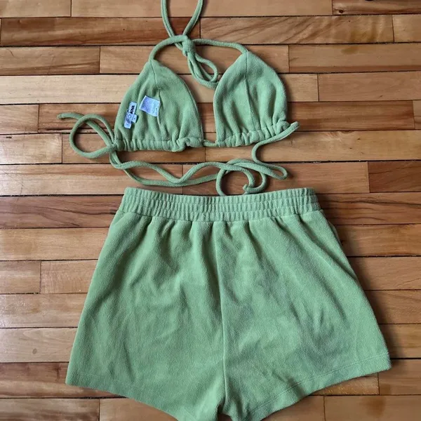 Fuzzy Bikini Shorts Set Chartreuse Sage Green Small Women's Night Wear Summer - Image 4