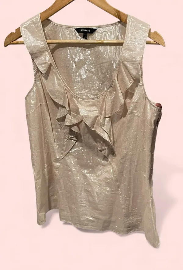 Cute Express pink blush shimmer ruffle collar sleeveless scoop neck flowy top - Image 2