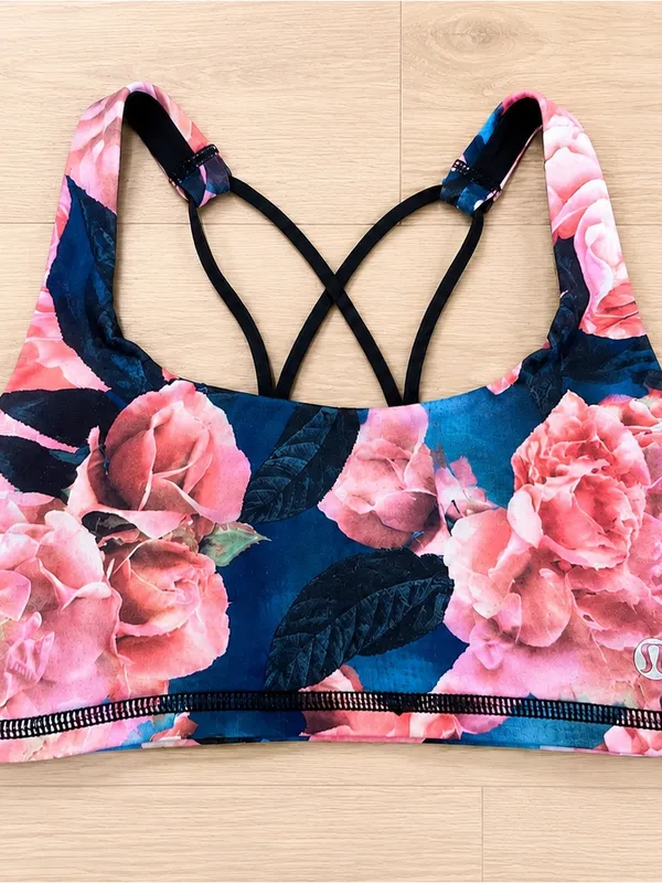 Lululemon Floral Strappy Sports Bra Pink Blue Crisscross Back Low Impact Sz XS - Image 2