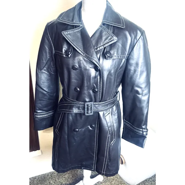 vintage 70s Flamingo Vina-Hide faux leather trench coat Brown Go-go fur‎ lined M - Image 2