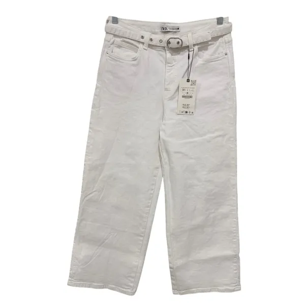 ZARA Belted White High-Rise Wide-Leg Stretch Jeans 6 Small - Image 4