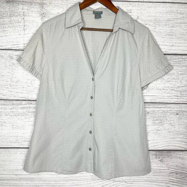 Ann Taylor Gray & White Cotton Seersucker Button-Up Career Blouse Top Size 14 - Image 2