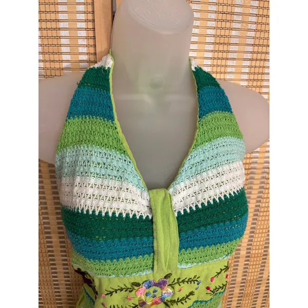 Boho Chic green crochet floral embroider halter cotton dress high low skirt sz S - Image 6