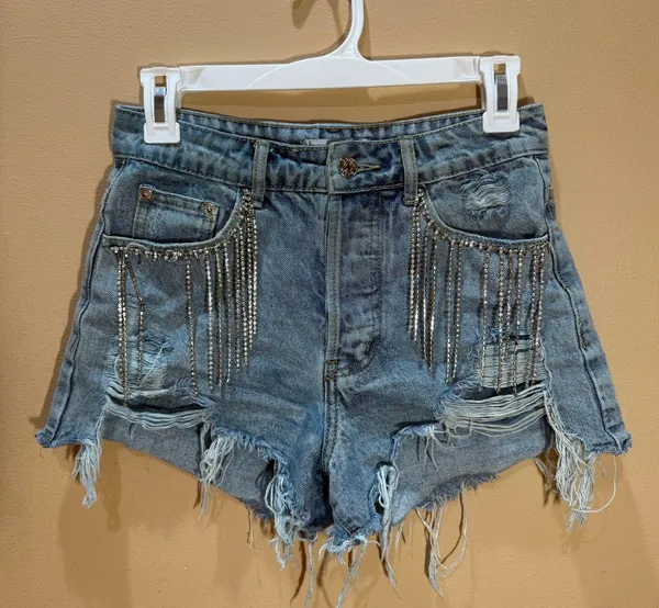 Adika Rhinestone Fringe Denim Shorts - Image 2