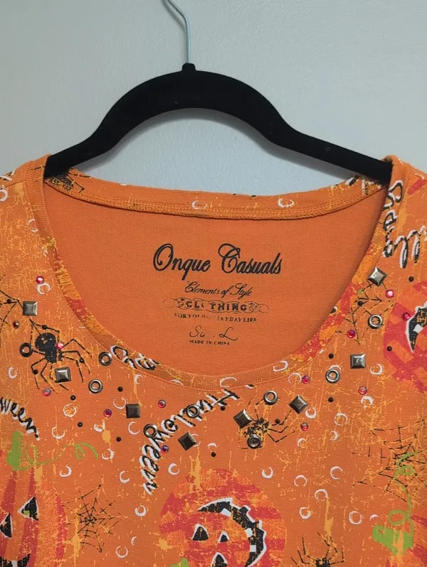 Onque Casuals 3/4 Sleeve Halloween Top | Pumpkin Halloween Pattern Shirt - Image 2