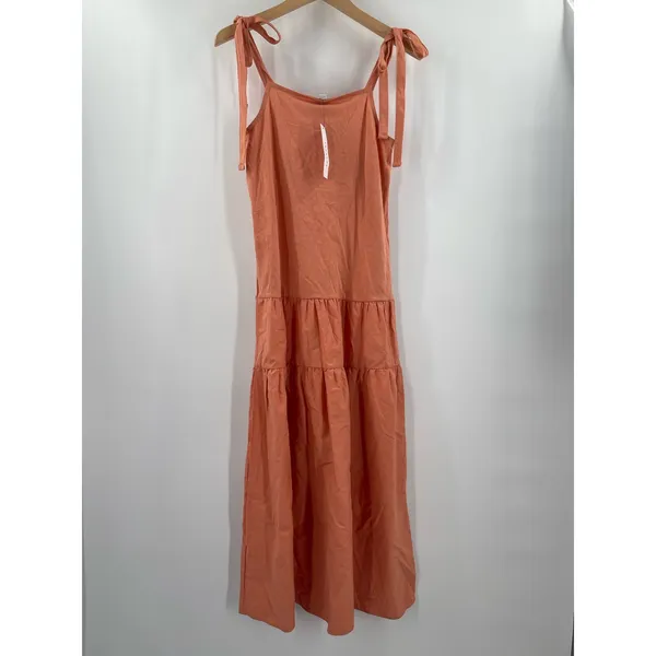 TOPSHOP Dress Size 2 Tiered Poplin Midi Peach Orange Casual Summer Ties NWT - Image 13