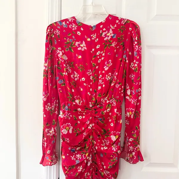 Sau Lee Red Floral Print Ruched Skirt Long Sleeve Fitted Sheath Mini Dress 2 - Image 6