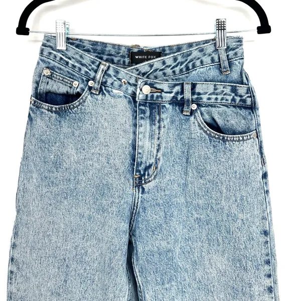 White Fox Small Blue Acid Wash Crossover Waist Straight Leg Jeans STAINED - Image 2