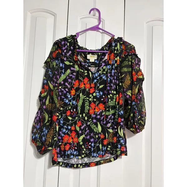 Maeve Anthropologie Blouse Floral Ruffle‎ Black Sheer Sleeve S Boho Cottagecore - Image 2