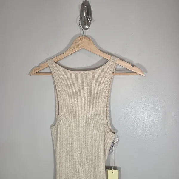 Aritzia Wilfred Free Cut Out Knit Mini Dress M Heather Flax Ribbed NWT - Image 6
