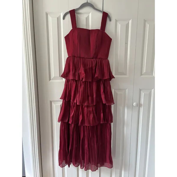 Red Tiered Ruffle Dress With Straps Size 8 - Image 5