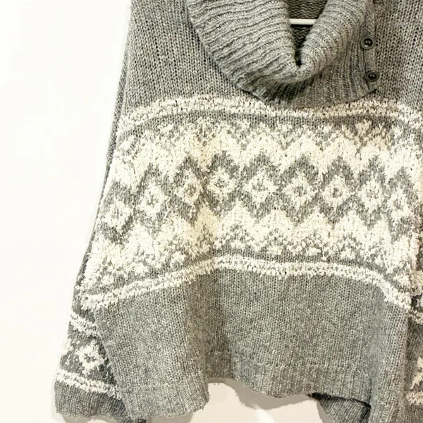 Free People Fairisle Split‎ Neck Wool Blend Sweater Gray Ivory Size Medium - Image 3
