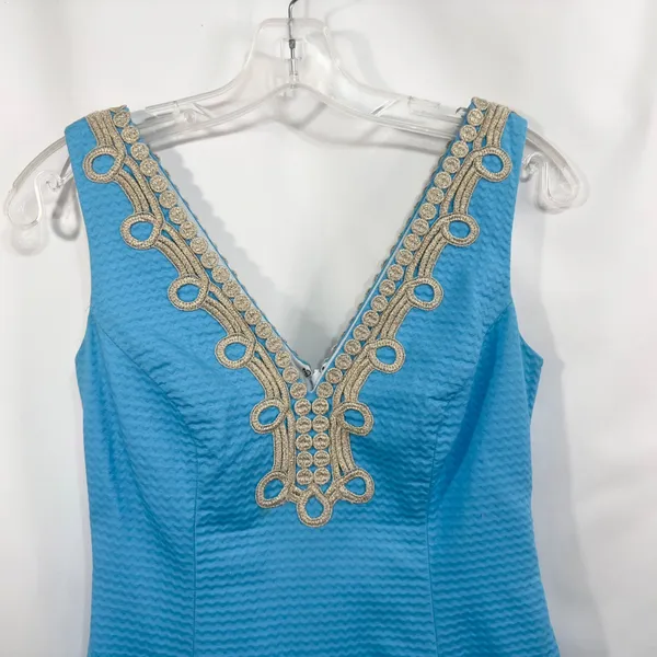 Lilly Pulitzer Size 00 Sheath Dress‎ Sleeveless Textured Gold Trim Blue 797 - Image 6