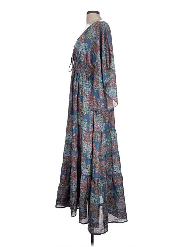 L Boemo Women’s Blue Paisley Animal Tiered Bohemian Maxi Dress Smocked Waist - Image 7