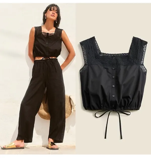 J.Crew Black Lace Trim Cropped Drawstring Top - Image 2