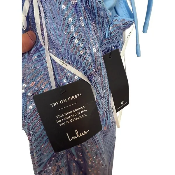 Lulus Flawless Glow Periwinkle Iridescent Sequin Lace-Up Maxi Dress Sz. S - Image 7