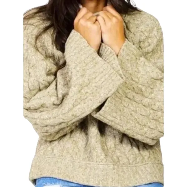 Free People Snow Bird Cable Knit Bell Sleeve Mock Neck Sweater Olive Green Large - Image 3