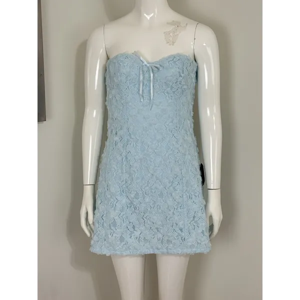 Lulus Light Blue Lace Mini Dress Strapless Backless 3D Floral Coquette NWT M - Image 4