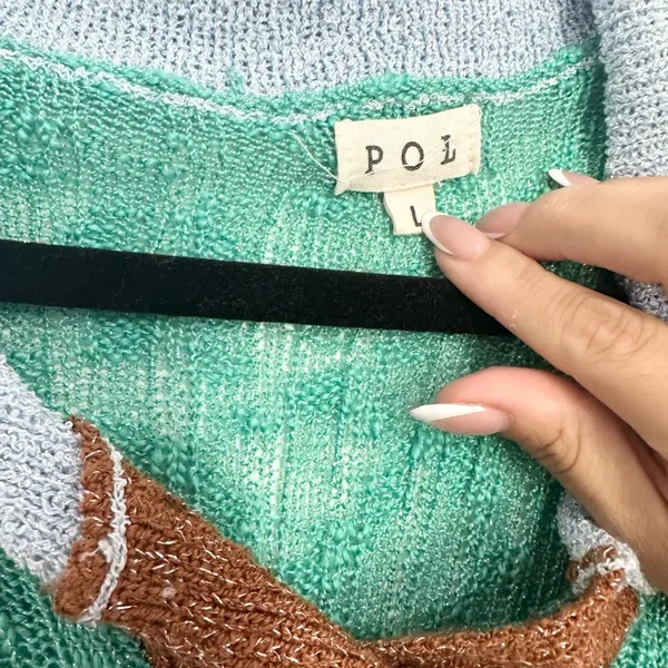 Pol Ribbed Knit Polo Shirt Button Collar Top Sabrina metallic knit top large - Image 2