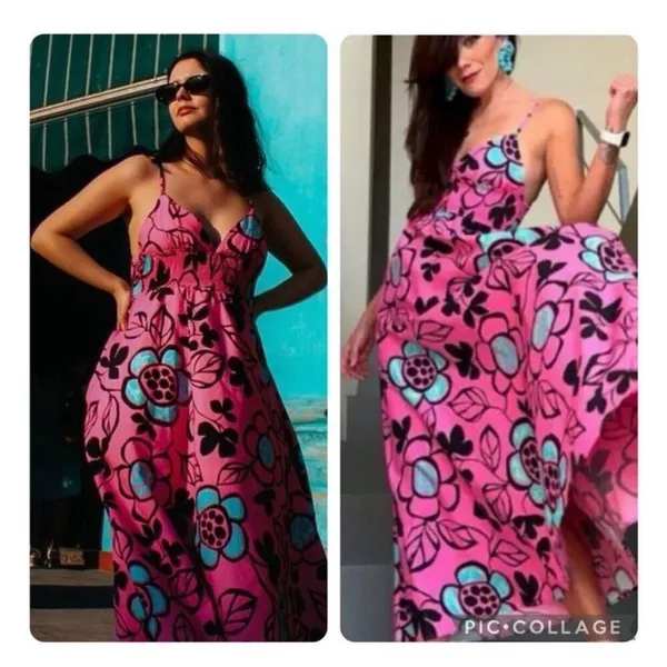 Zara Pink Black Floral Cotton Poplin‎ Midi Dress Size S - Image 7