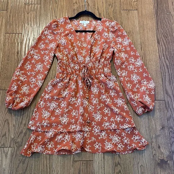 Bebop orange floral vneck ruffle skirt dress size small - Image 9