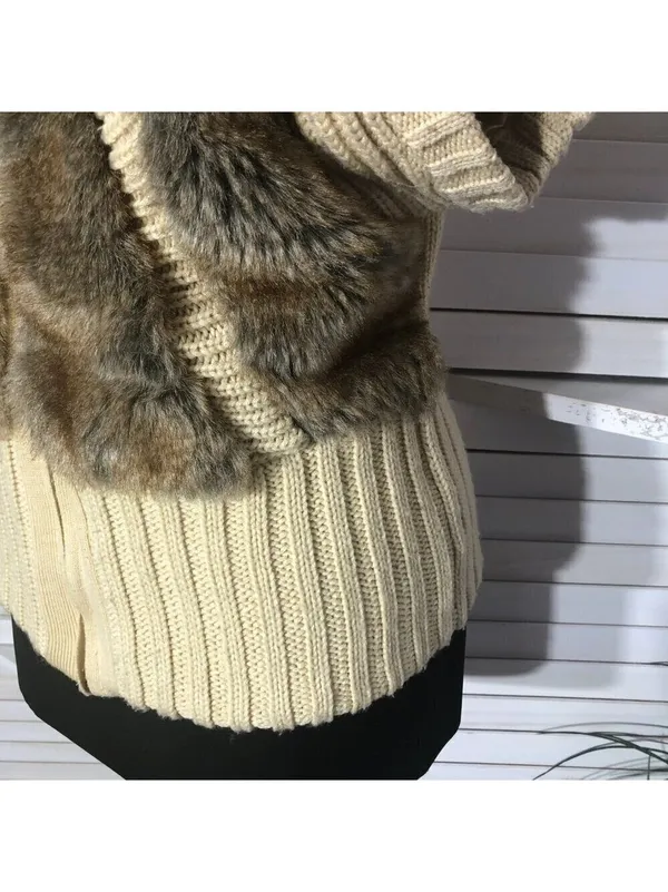 Vintage Faux Fur vest cable knit warm hooded ski resort travel cottage 70's boho - Image 6
