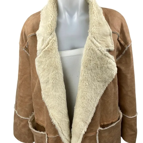 HYFVE Brown Suede Leather Faux Shearling Open Front Trench Overcoat Jacket Sz M - Image 3