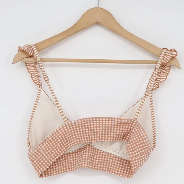 Aerie Tan Gingham Ruffle Triangle Bikini Top Medium Seersucker V-Neck Swim - Image 5