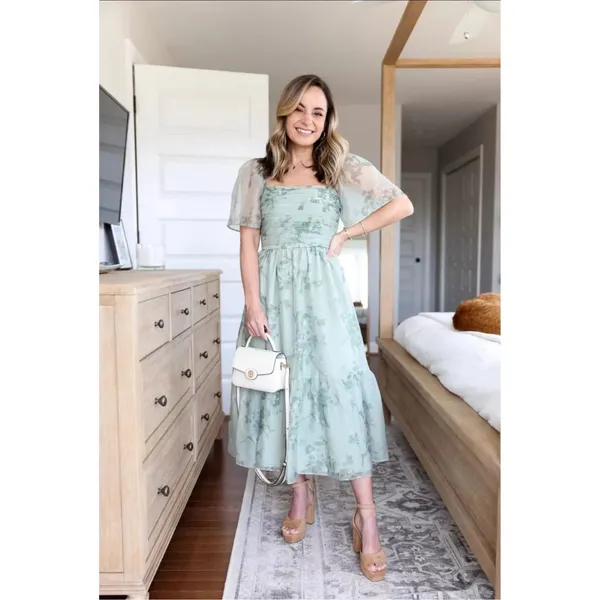 Abercrombie & Fitch Emerson Angel Sleeve Midi Dress Sage Green Floral Large - Image 2