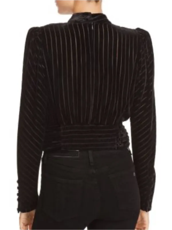 Frame Denim Velvet Long Sleeve Smocked Party Blouse Noir Size Medium - Image 2