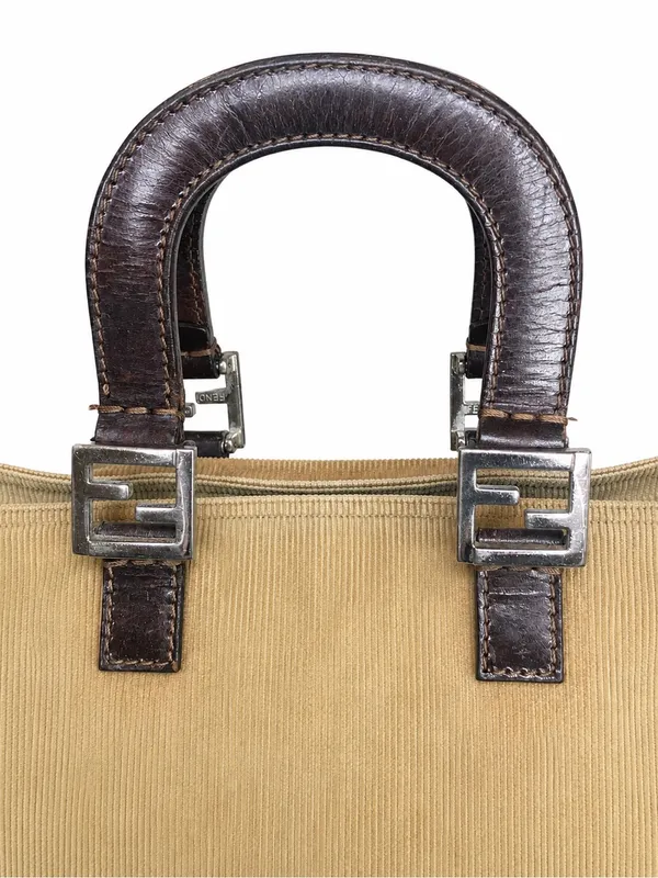 FENDI Corduroy Tote Bag with Dark Brown Leather Handles Vintage - Image 7