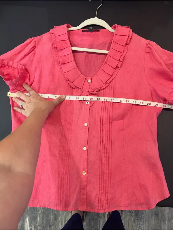 Lafayette 148 100% Linen Pink Ruffled Collar Button-Front Blouse size 14 - Image 6