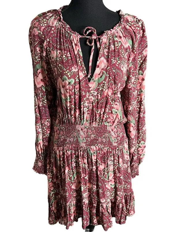 Aerie Floral Printed Long Sleeve Mini Dress Medium Women’s Pink 1172 - Image 2