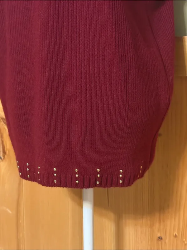 Vintage 80s 90s Burgundy Jeweled Sweater Vest Gold Applique Mock Neck USA OS - Image 3