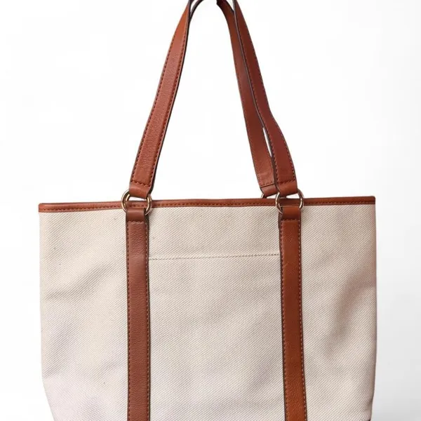 Michael Kors Jet Set Ivory Canvas Brown Leather Trim Tote Bag MK Charm - Image 2